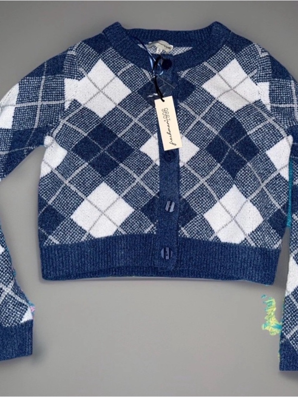 freshman1996 Argyle Knit Cardigan Blue White Button Women's Long Sleeve S